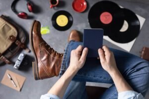 Men S Hand Holding Passport Or Notebook And Leg In Jeans With Old Travel Leather Boots Shoes 1 300x200
